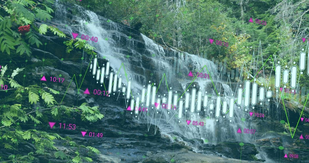 Waterfall with Digital Financial Overlay Creates Harmony of Nature and Technology