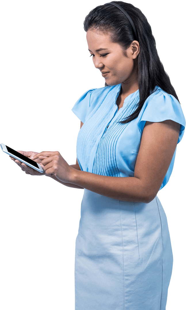 Smiling Businesswoman in Blue Using Smartphone on Transparent Background