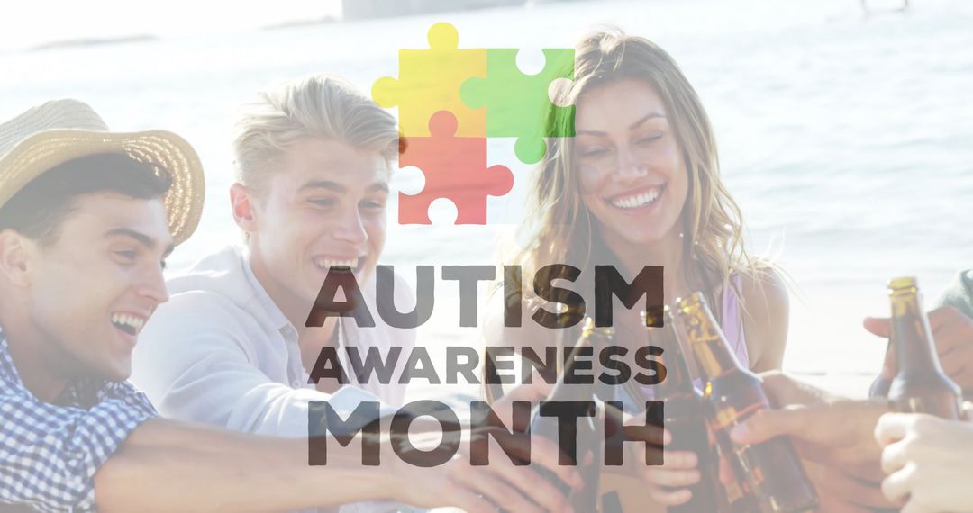 Group of Friends Toasting on Beach with Autism Awareness Overlay