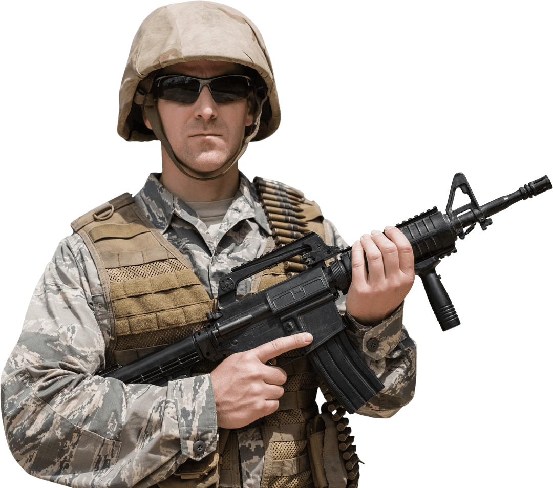 Military Soldier in Gear Carrying Rifle, Transparent Background
