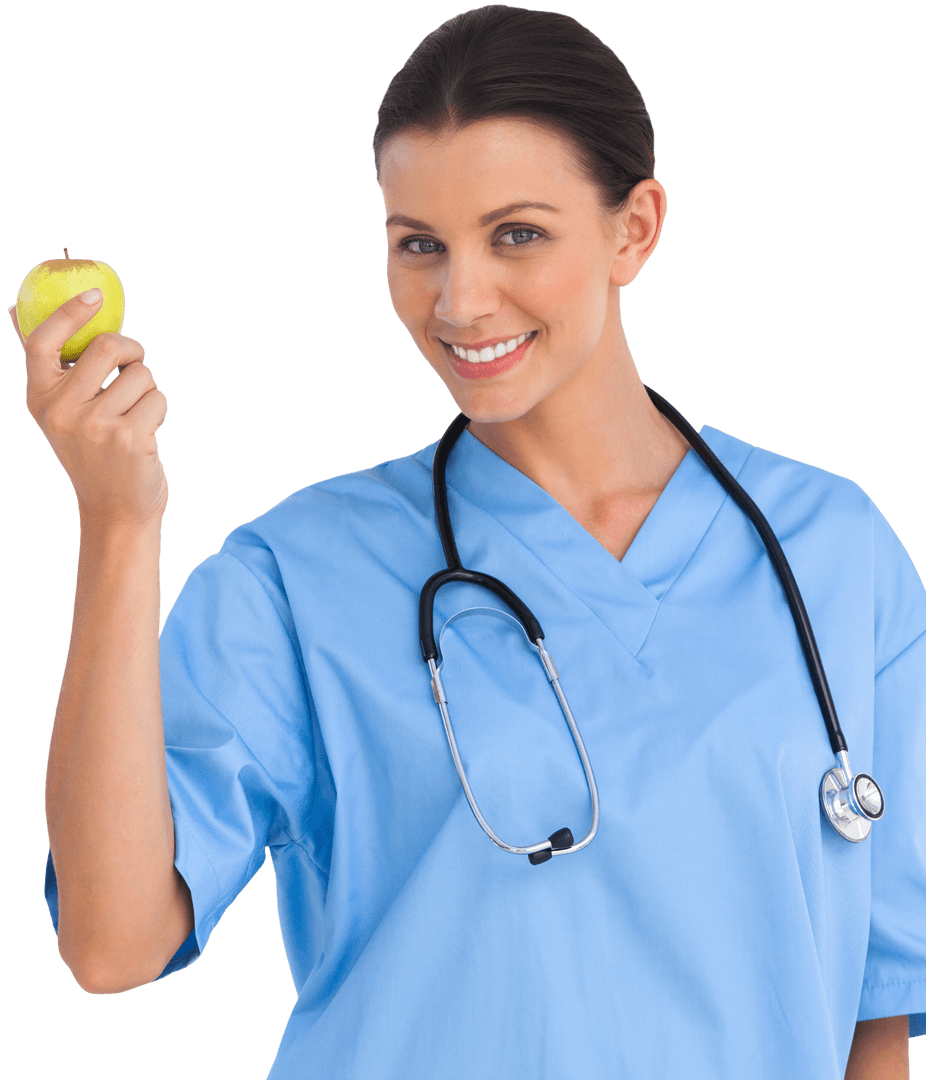 Cheerful Surgeon Holding Green Apple on Transparent Background