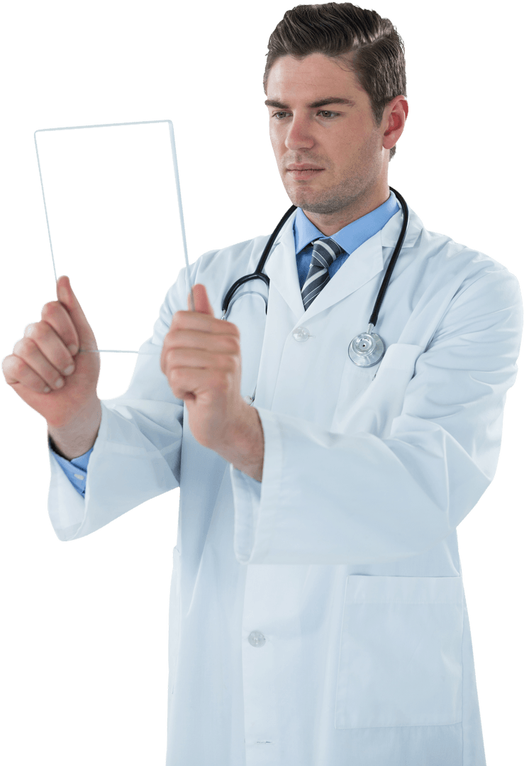 Male Doctor Using Transparent Futuristic Digital Tablet in Healthcare Concept