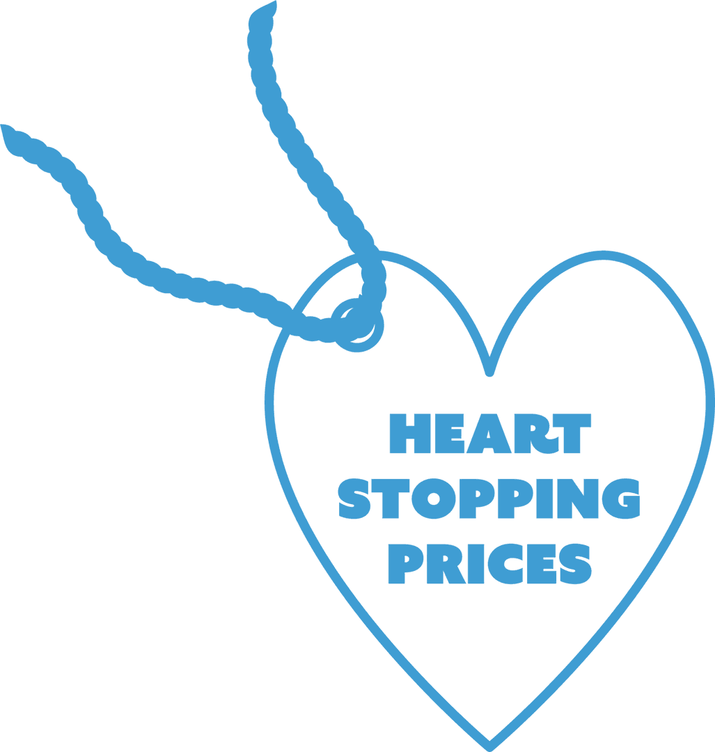 Transparent Blue Heart Tag with Heart Stopping Prices Text for Retail Promotions