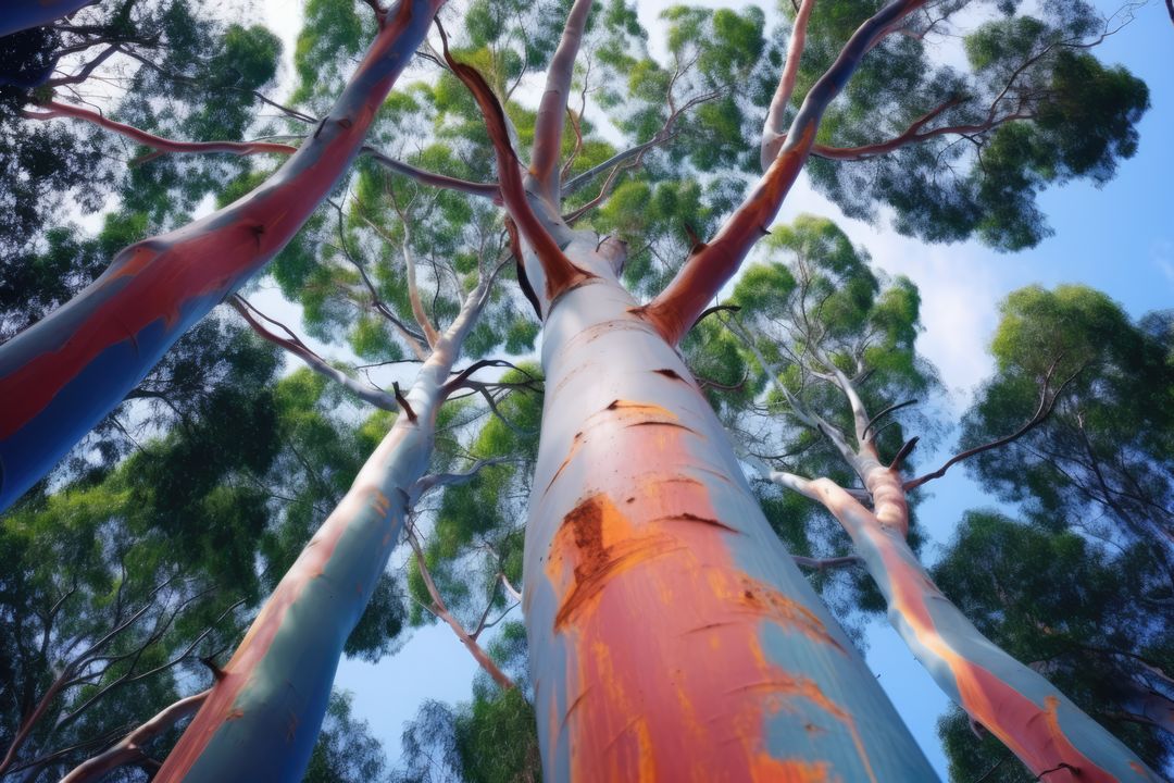 Tall eucalyptus trees reach towards the sky, showcasing their colorful bark - Free Images, Stock Photos and Pictures on Pikwizard.com