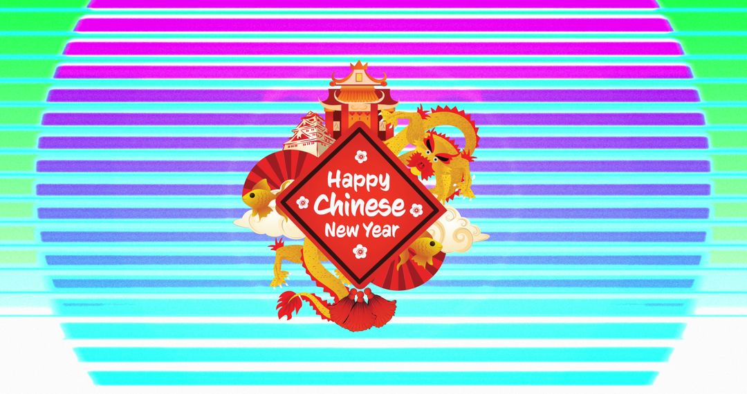 Happy Chinese New Year, Colorful Festive Design with Dragon and Pagoda