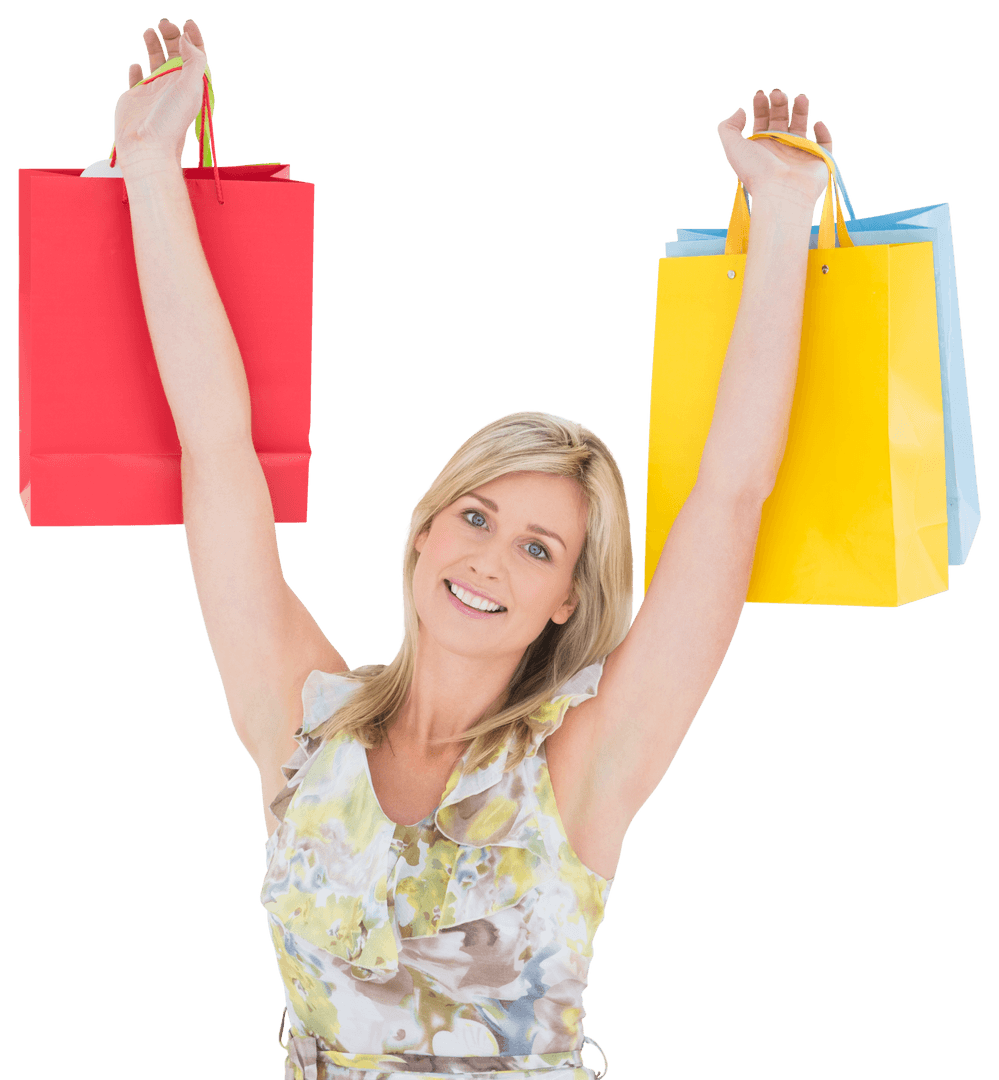Joyful Shopper with Colorful Transparent Bags Raised