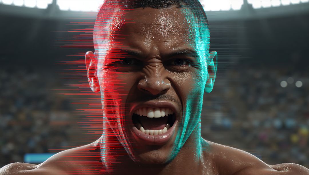Roaring shirtless athlete shouting in stadium with glitch red and teal lights, intense
