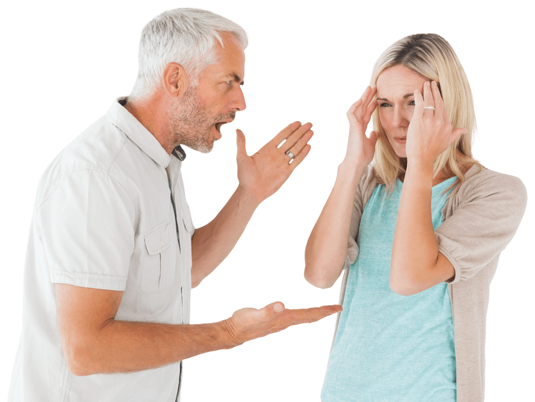 Transparent couple arguing with man whispering commands