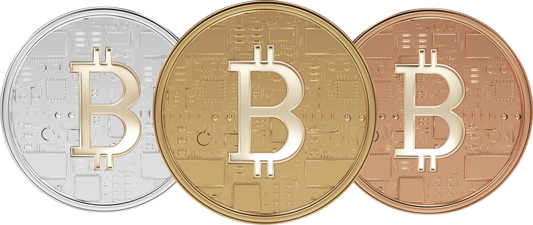 Digital illustration showing three textured bitcoins with transparent background
