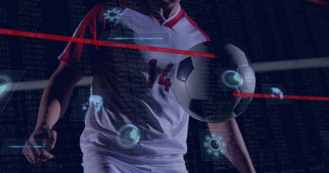 Futuristic Soccer Player with Digital HUD Interface Insights
