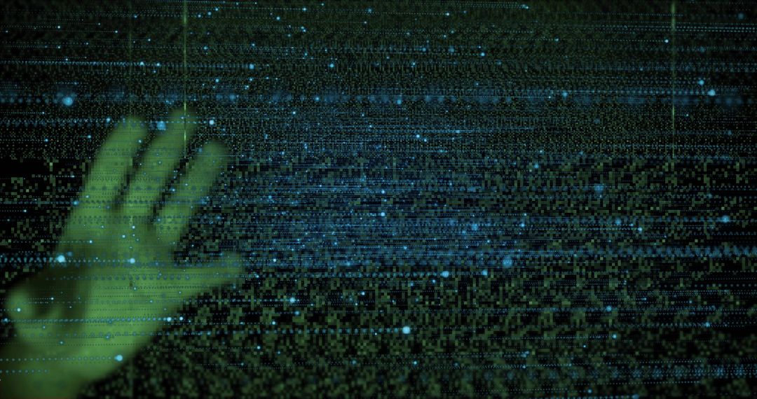 Reaching hand hovering over holographic data field with neon green grid and teal particles