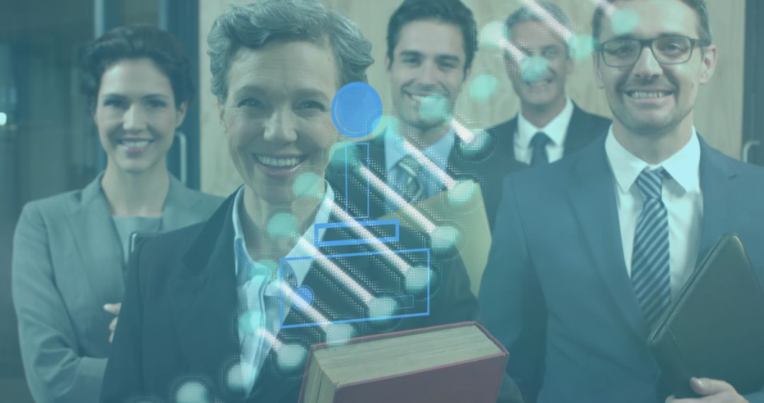 Diverse Business Team with Digital DNA Overlay in Modern Office