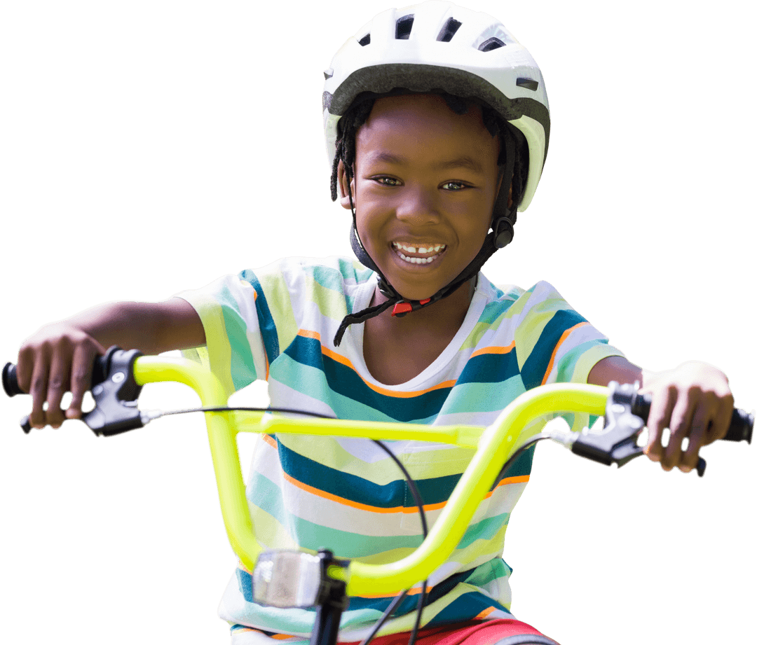 Transparent Boy Enthusiastically Riding Bicycle with Helmet Smile