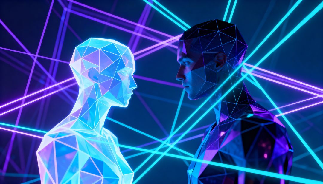 Two Cybernetic Avatars Facing Across Neon Laser Grid in Futuristic Cyberpunk Concept Scene