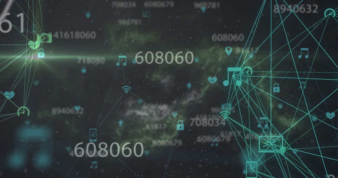 Digital Data Flow with Gadgets and Icons on Black Background