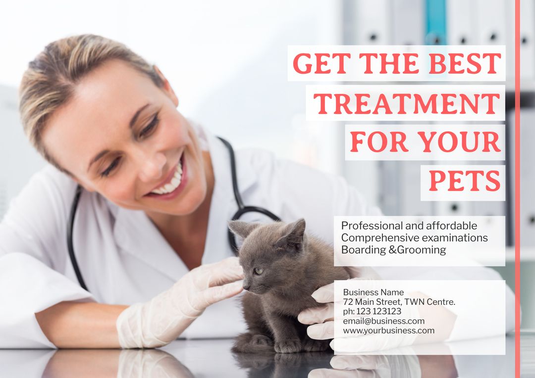 Smiling Veterinarian Examining Kitten for Pet Healthcare Promotion