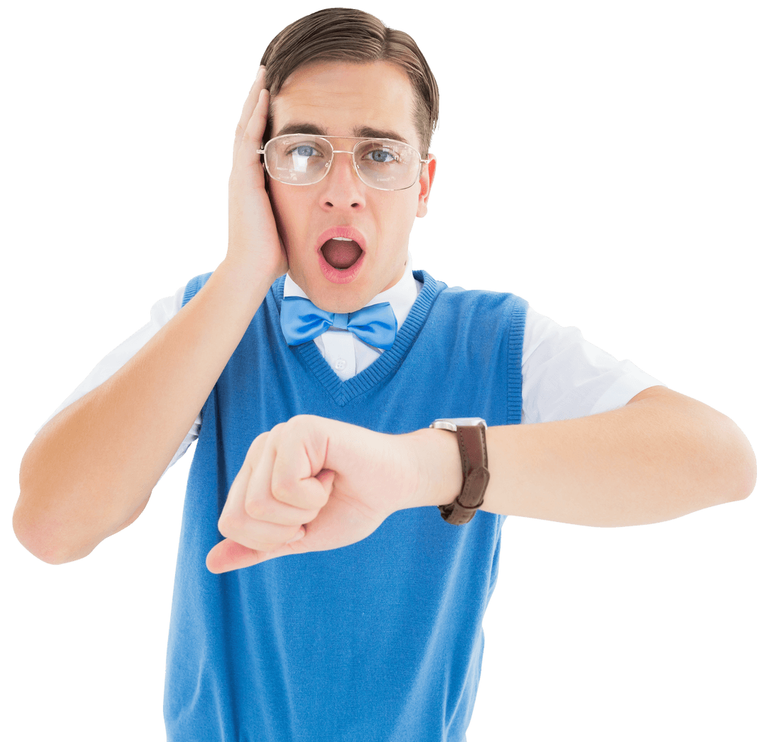 Surprised Man in Glasses Checking Time Transparent Background