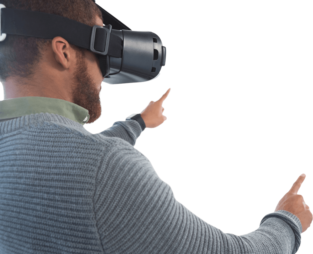 Middle-Aged Man Engaging with Transparent Virtual Reality Technology