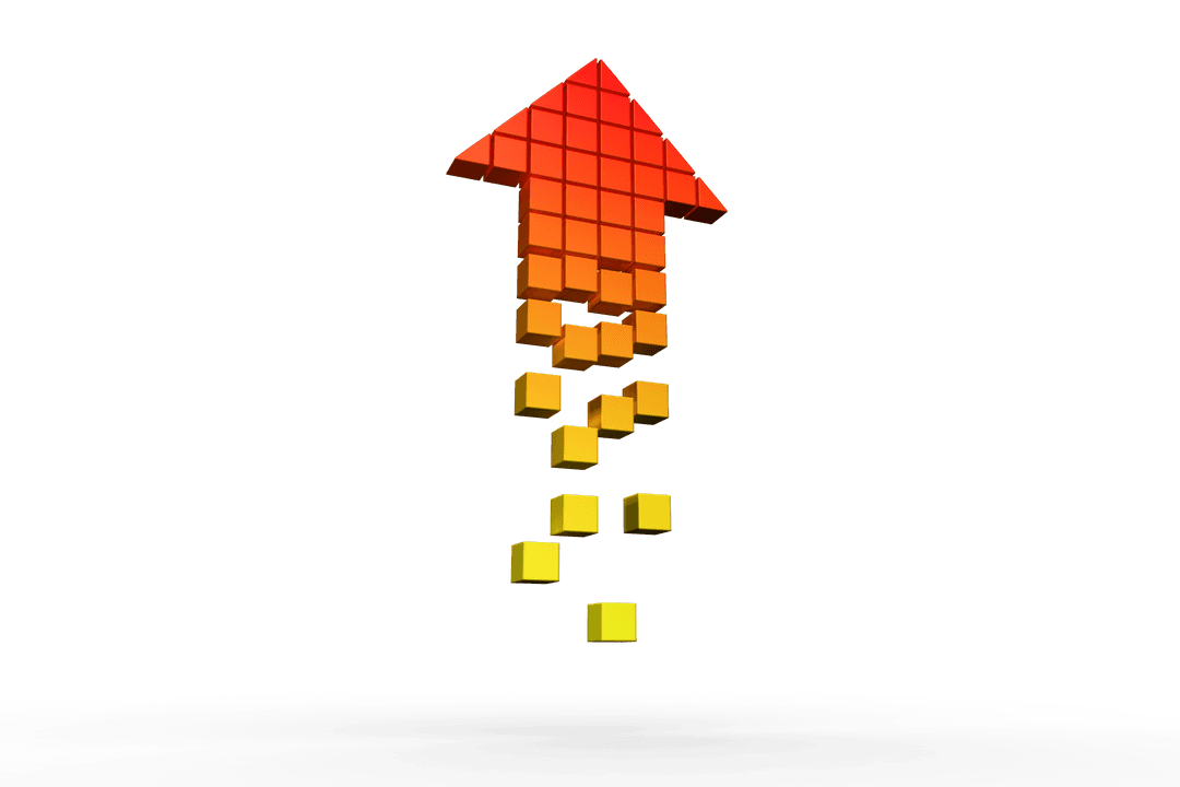 Digital Arrow Fragmenting into Particles on Transparent Background