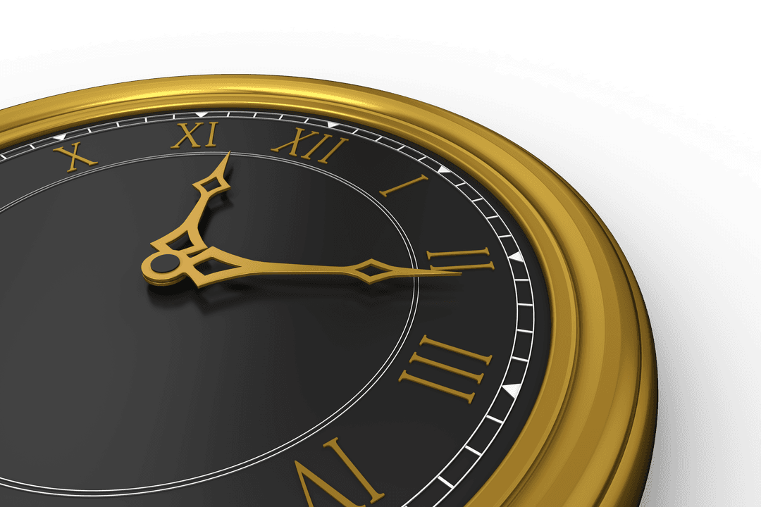 Transparent Analog Clock with Gold Trim and Roman Numerals