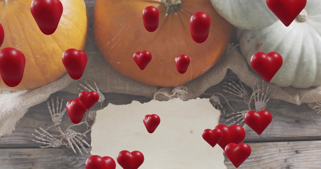 Rustic autumn flatlay torn parchment, pumpkins, skeletal hands and floating hearts