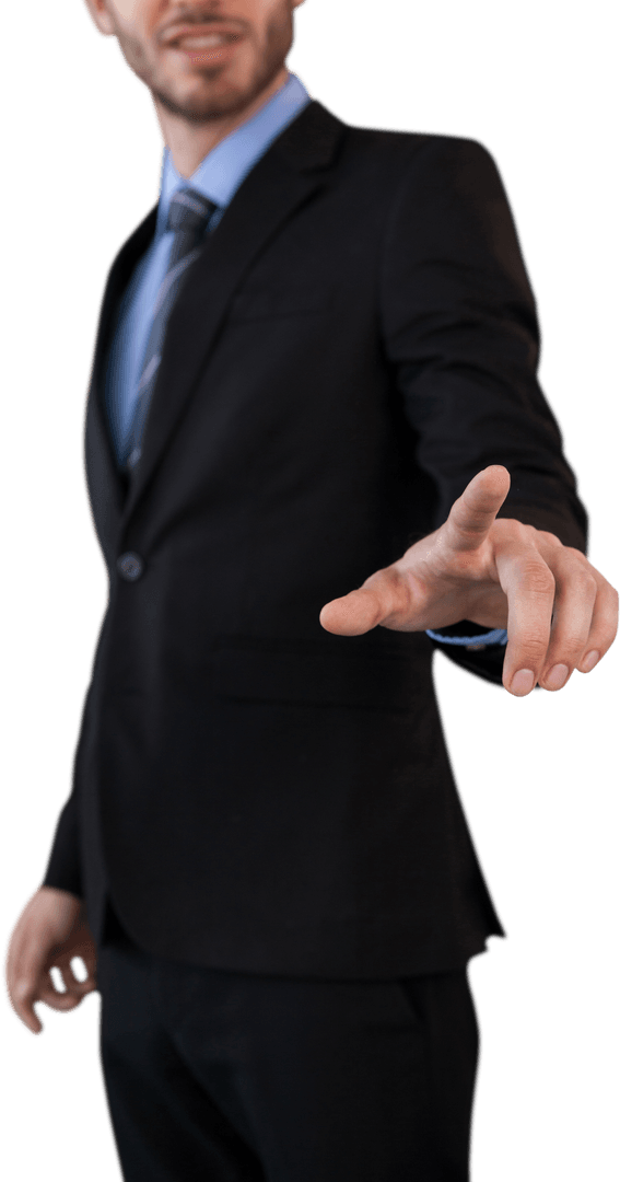 Transparent Businessman Reaching Towards Virtual Space in Professional Attire