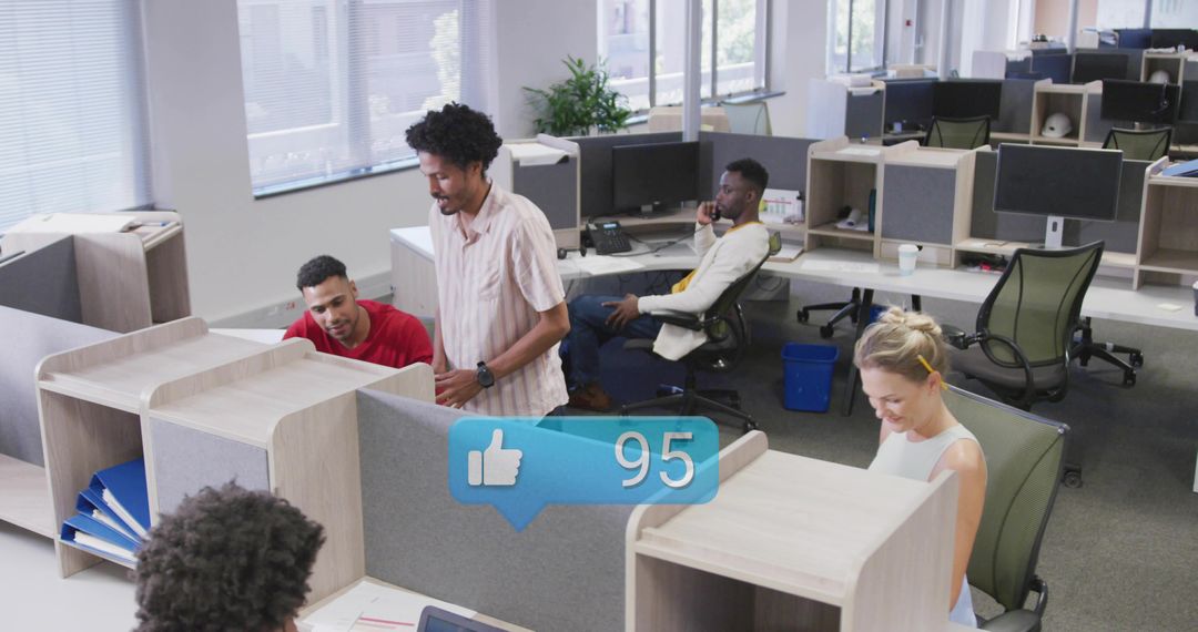 Colleagues Collaborating in Modern Open-Plan Office with Social Likes Overlay