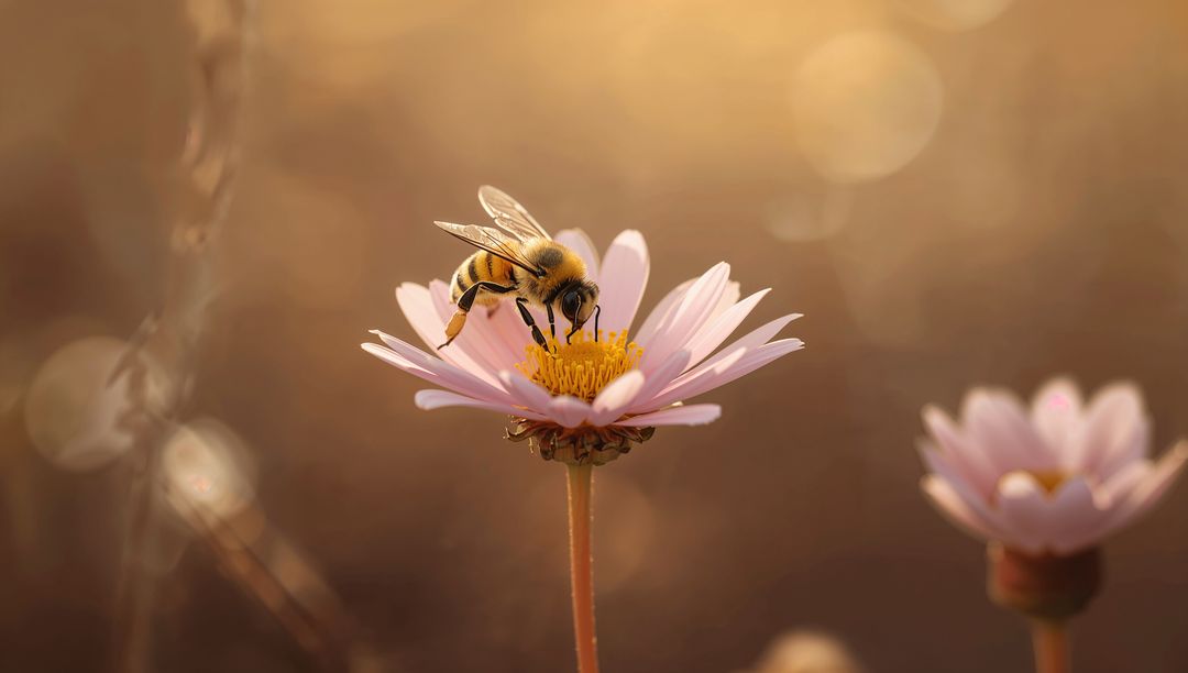 Honeybee Collecting Pollen on Pale Pink Daisy in Sunlit Meadow with Golden Bokeh