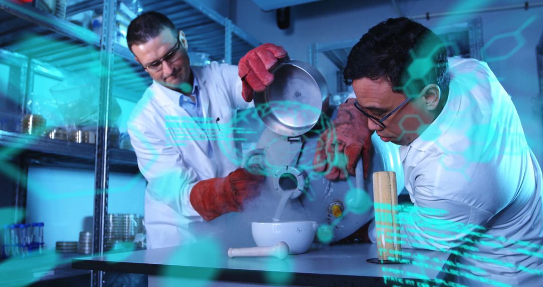 Diverse Scientists Conducting Experiments with Futuristic Data Overlay