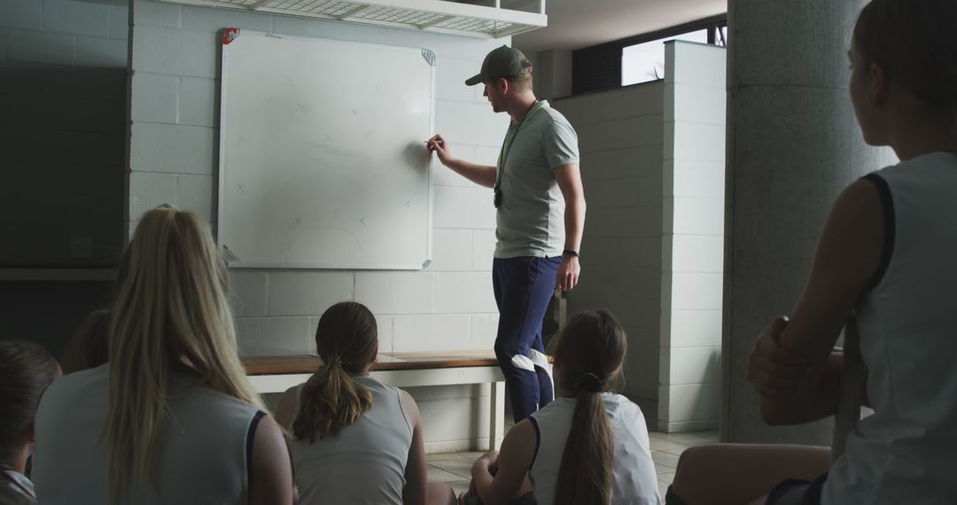 Coach Explaining Strategy to Female Basketball Team in Locker Room - Free Images, Stock Photos and Pictures on Pikwizard.com