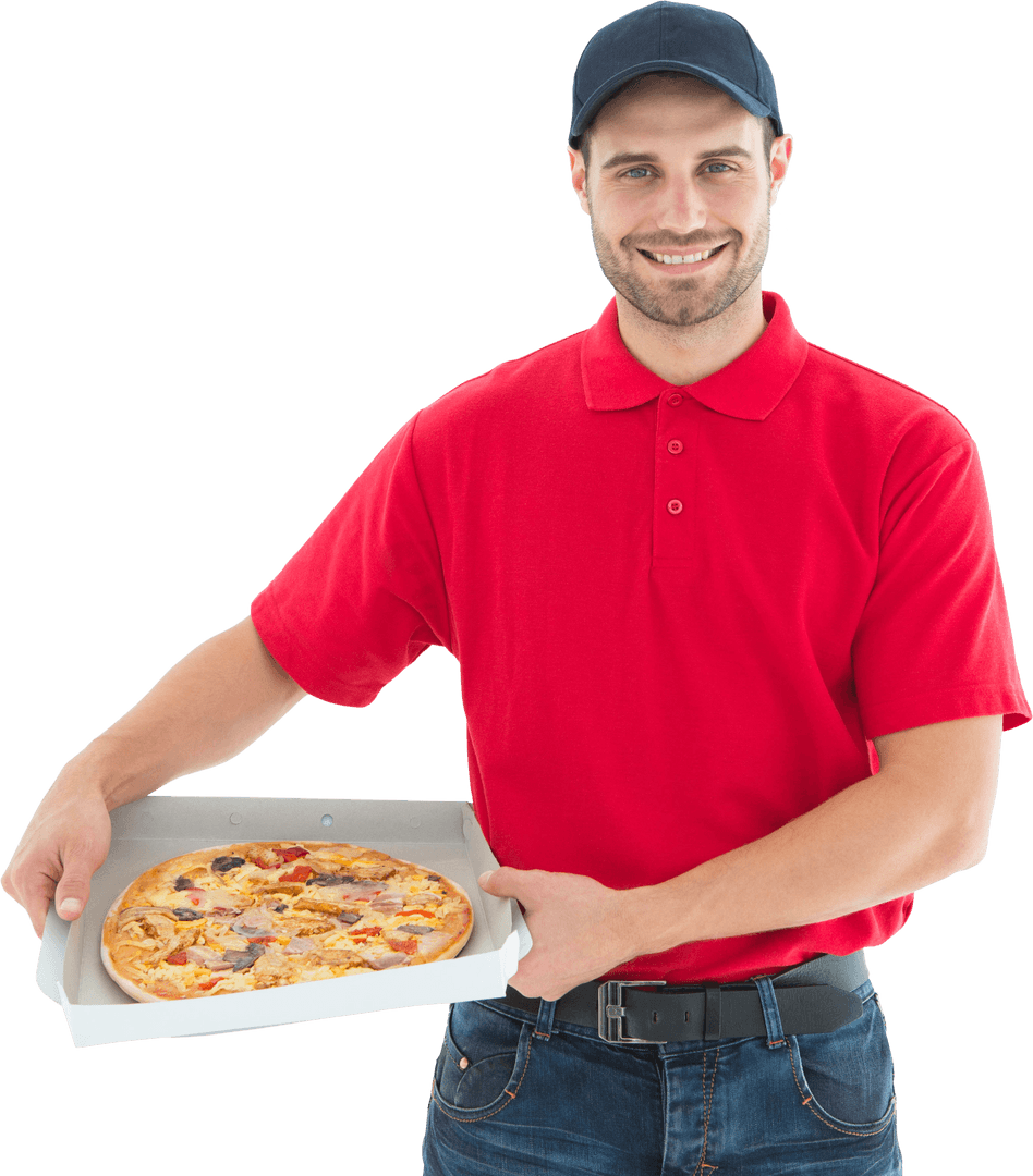 Happy Delivery Man Holding Fresh Pizza in Transparent Box