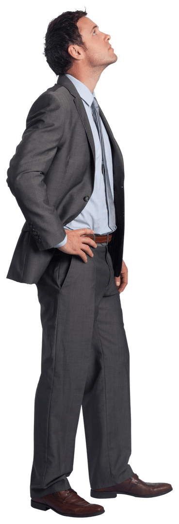Confident Businessman in Gray Suit Posing with Hand on Hip on Transparent Background
