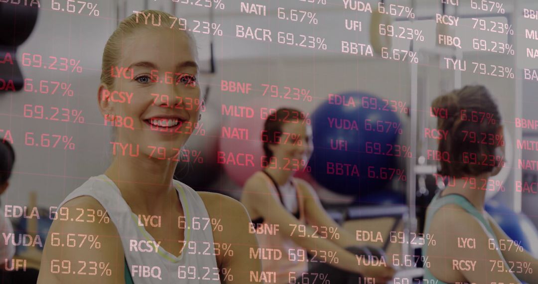 Woman Exercising on Balance Ball with Digital Data Overlay