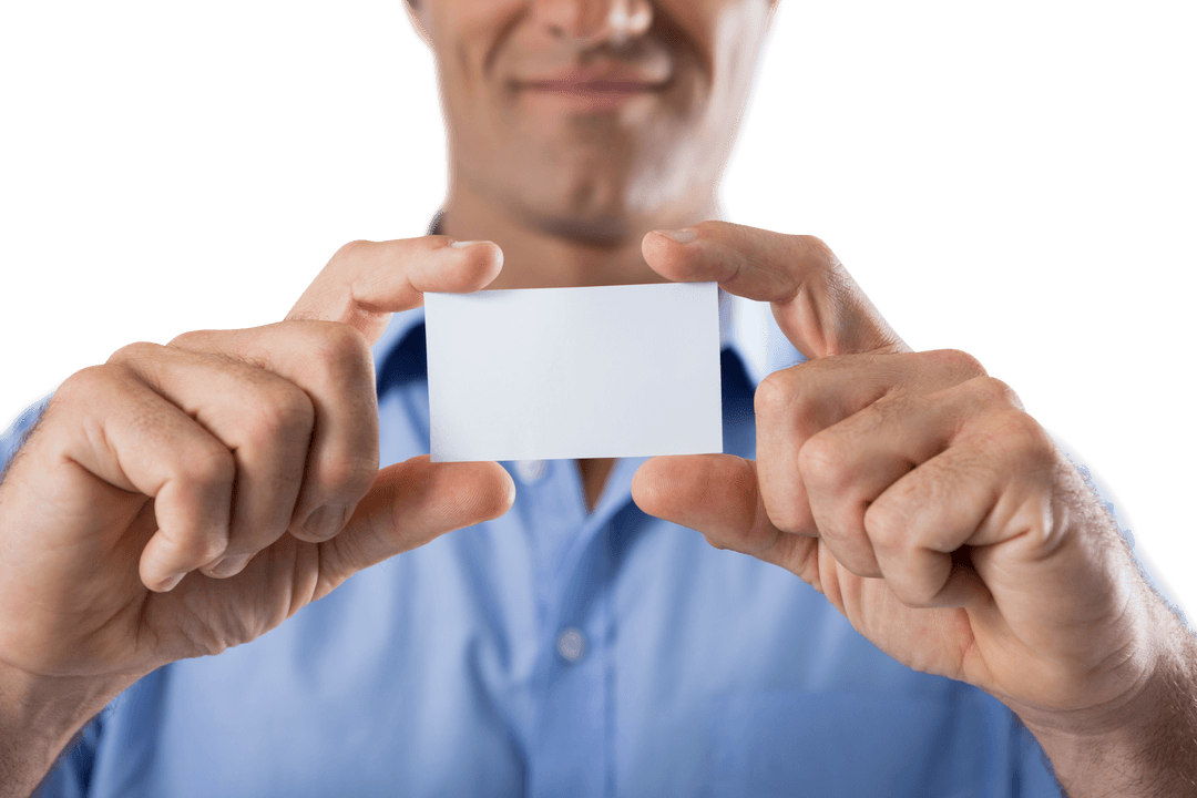 Transparent Businessman Displaying Blank Business Card Closeup