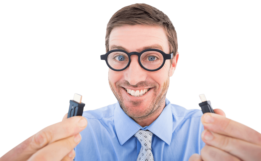 Geeky Businessman Holding Two Cables with Transparent Background