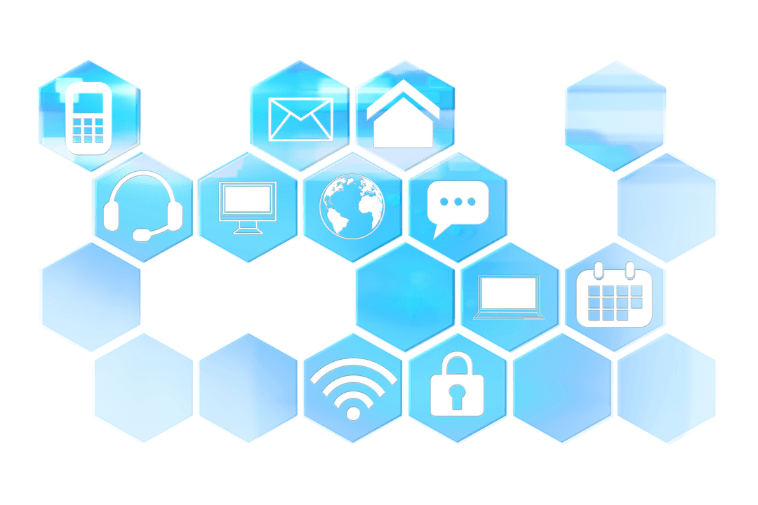 Blue Hexagonal Display with Internet Icons on Transparent Background