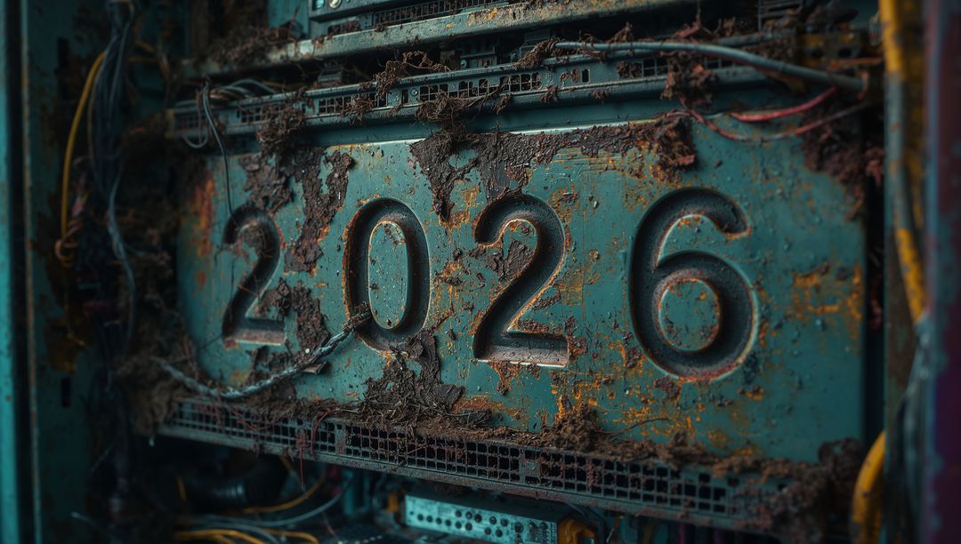 Corroded industrial panel embossed 2026 showing rusted wiring, teal patina and cables