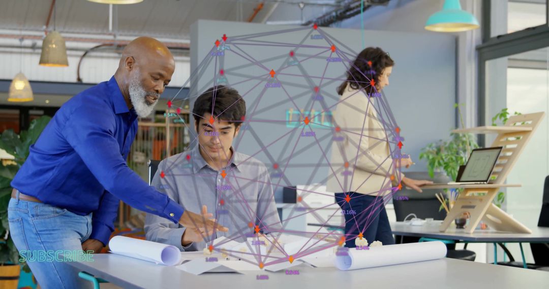 Professionals Collaborating with Blueprint and Digital Projection