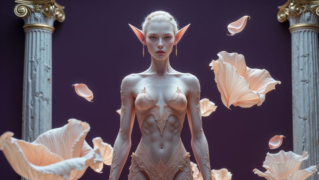 Mystical Elf in Elegant Temple with Floating Petals