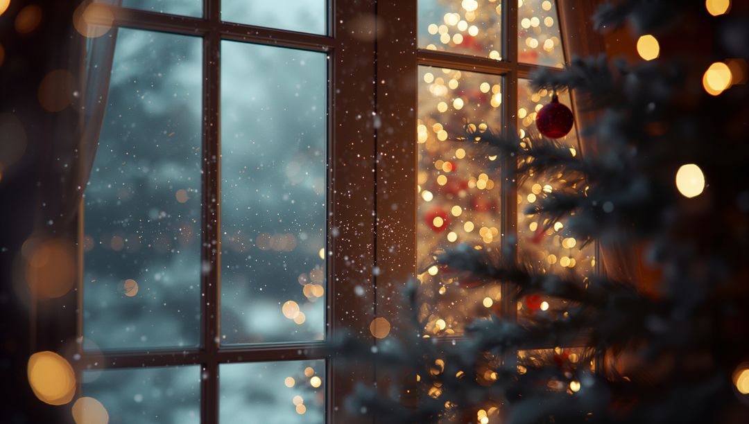 Cozy Christmas Tree by Window with Snowfall and Twinkling Lights