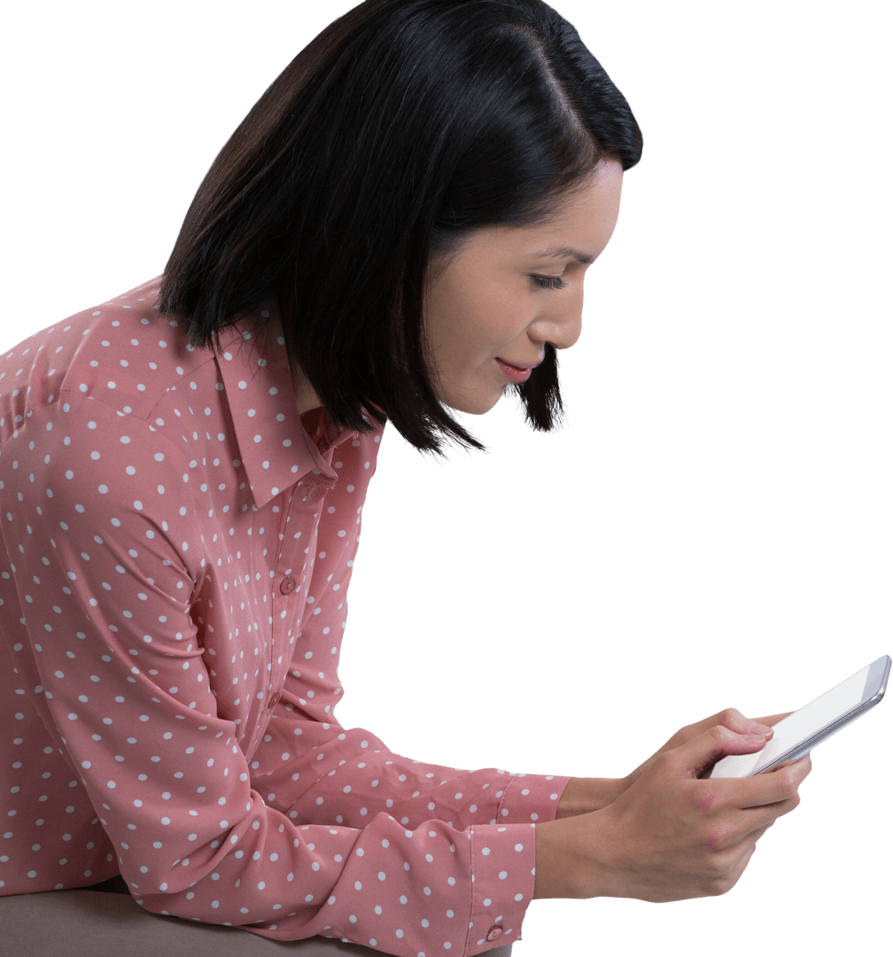 Woman Engaging with Mobile Phone Transparent Background