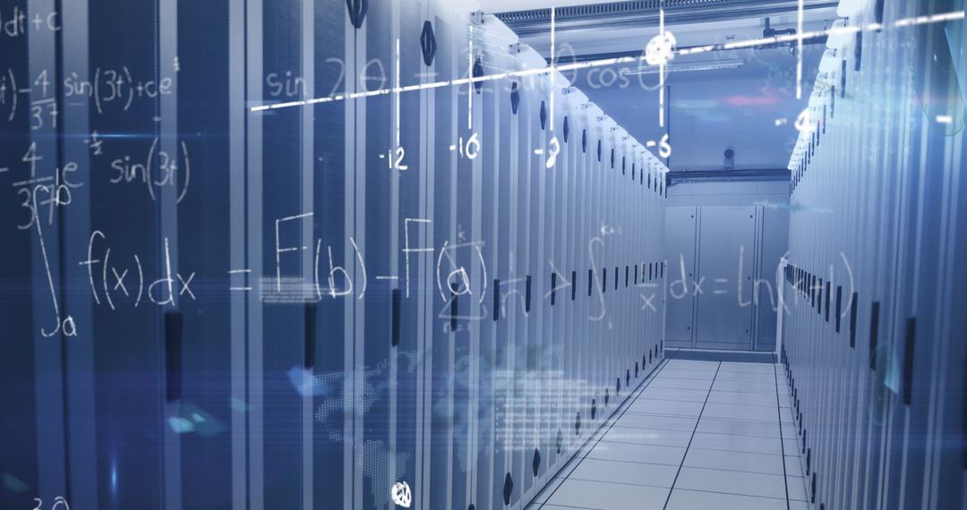 Mathematical Equations and Tech Overlaid on a Server Room