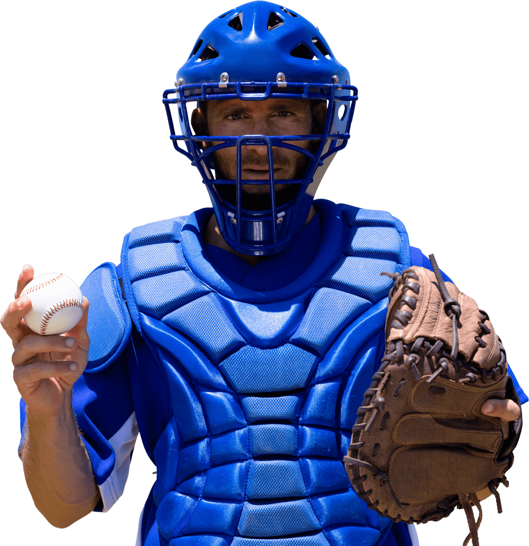 Baseball Catcher Holding Ball on Transparent Background