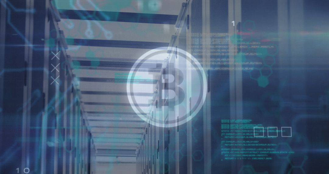 Bitcoin Symbol Overlaid on Futuristic Server Room Background