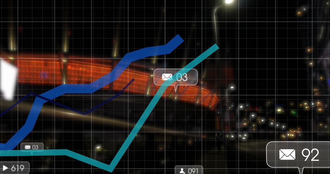 Digital Data Interface Over Cityscape at Night