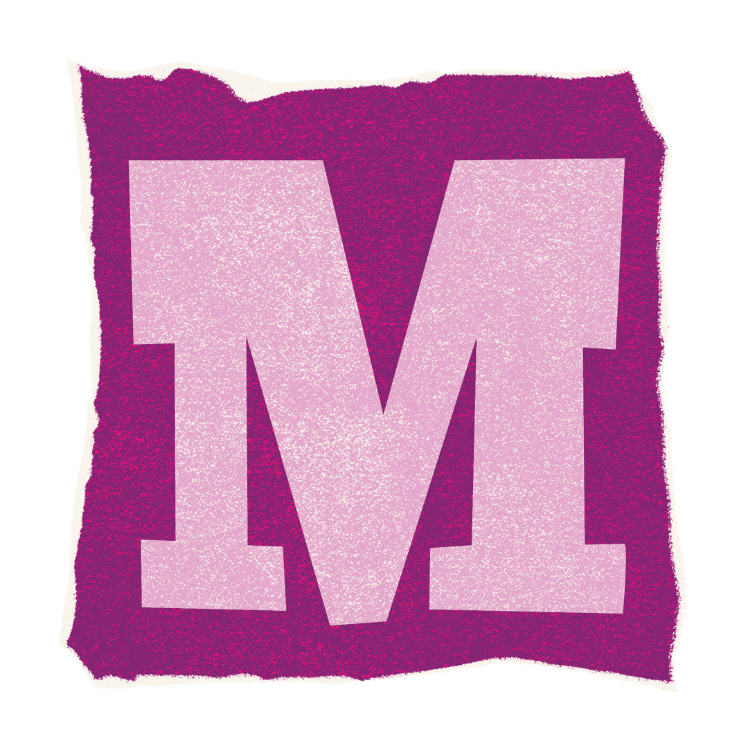 Transparent Geometric Letter M on Textured Pink Torn Background