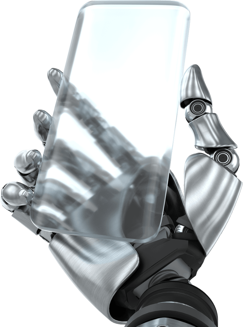 Futuristic Robotic Hand Holding Transparent Smartphone Technology