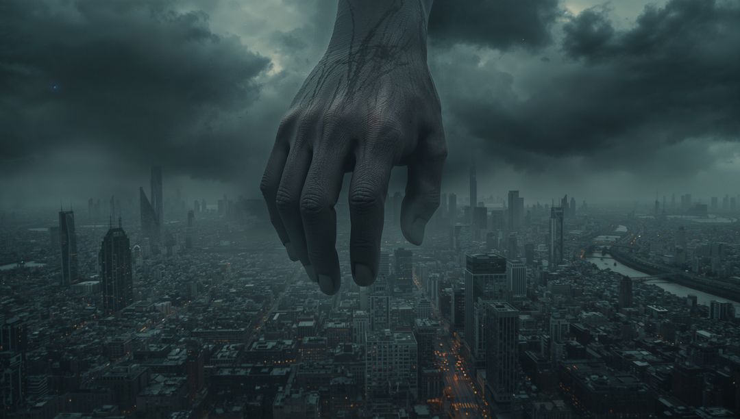 Giant Hand Looming Over Dark Cityscape at Dusk
