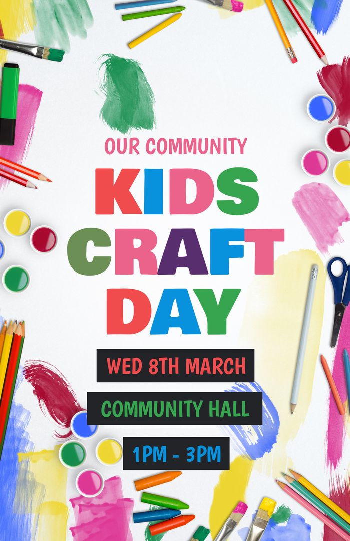 Kids Craft Day Event Poster with Colorful Paint and Art Supplies - Download Free Stock Templates Pikwizard.com