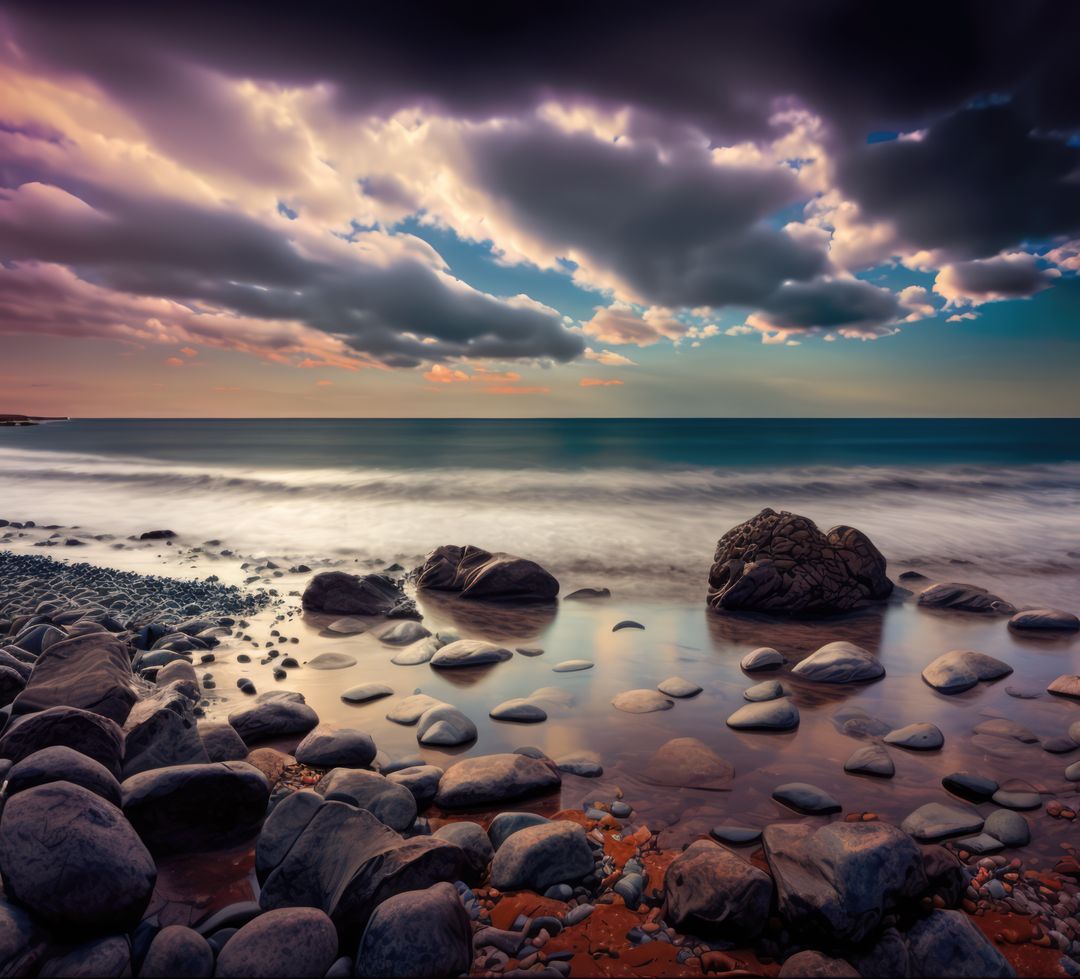 Dramatic Sunset over Rocky Beach with Cloudy Sky - Free Images, Stock Photos and Pictures on Pikwizard.com